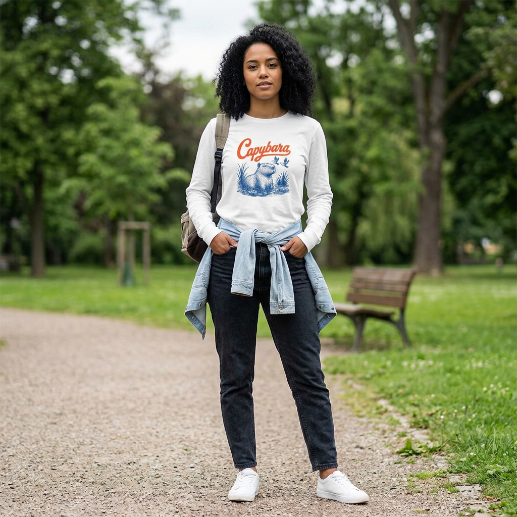 Women's Capybara-Bluebird Retro Long Sleeve T-Shirt