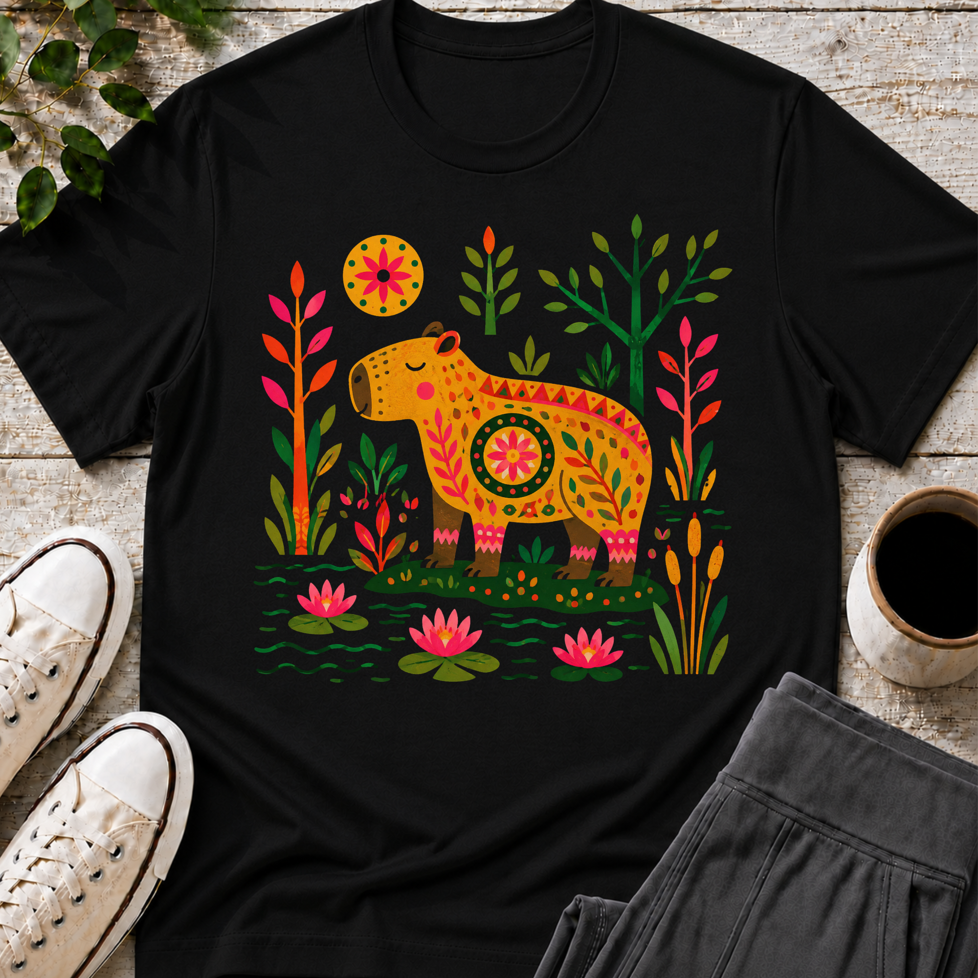 Folk Art Capybara in Bloom T-Shirt