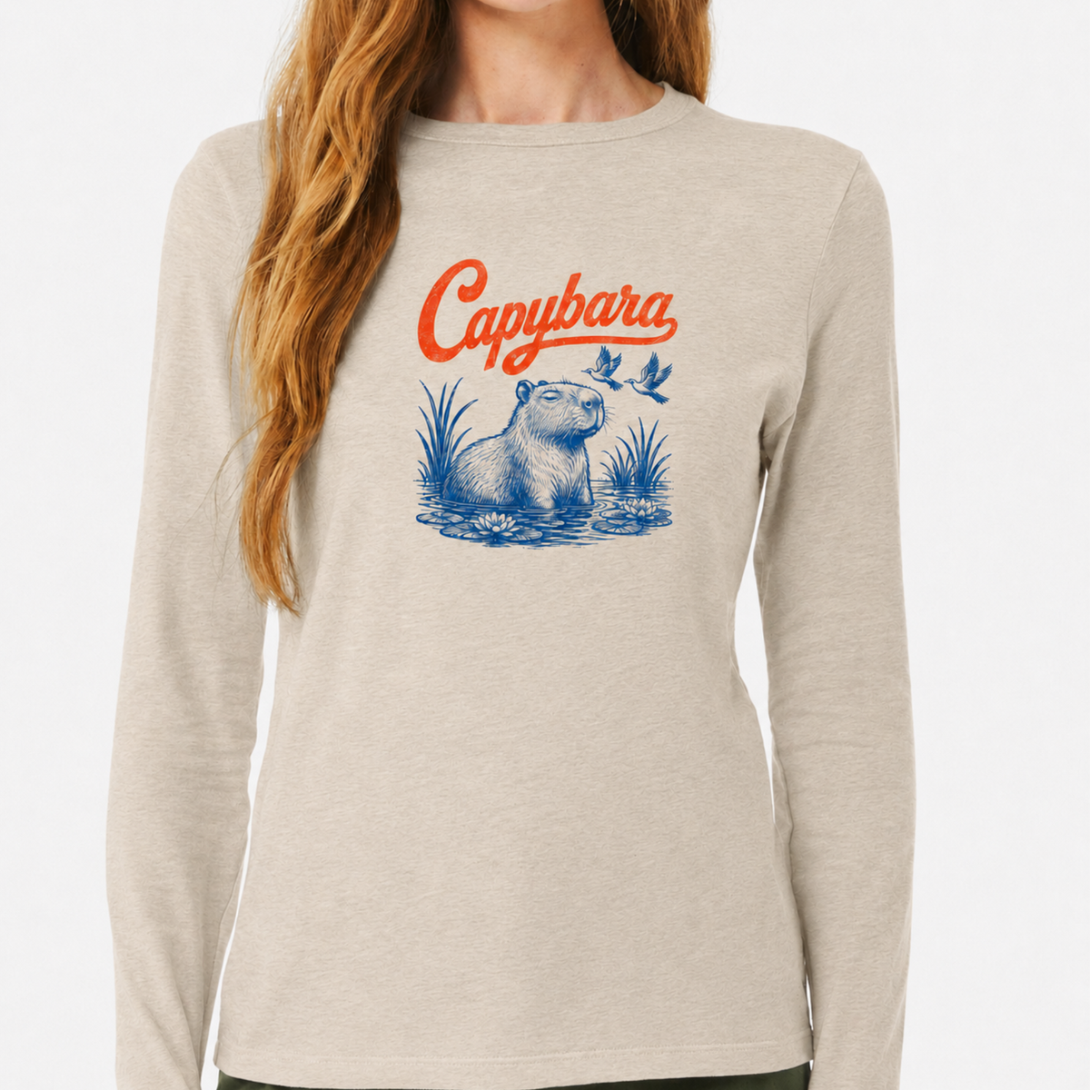 Women's Capybara-Bluebird Retro Long Sleeve T-Shirt